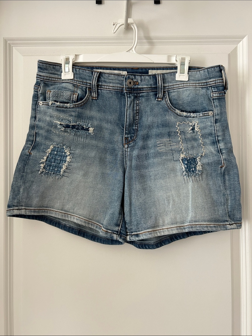Pilcro and the Letterpress Light Blue Distressed Denim Patch Shorts
